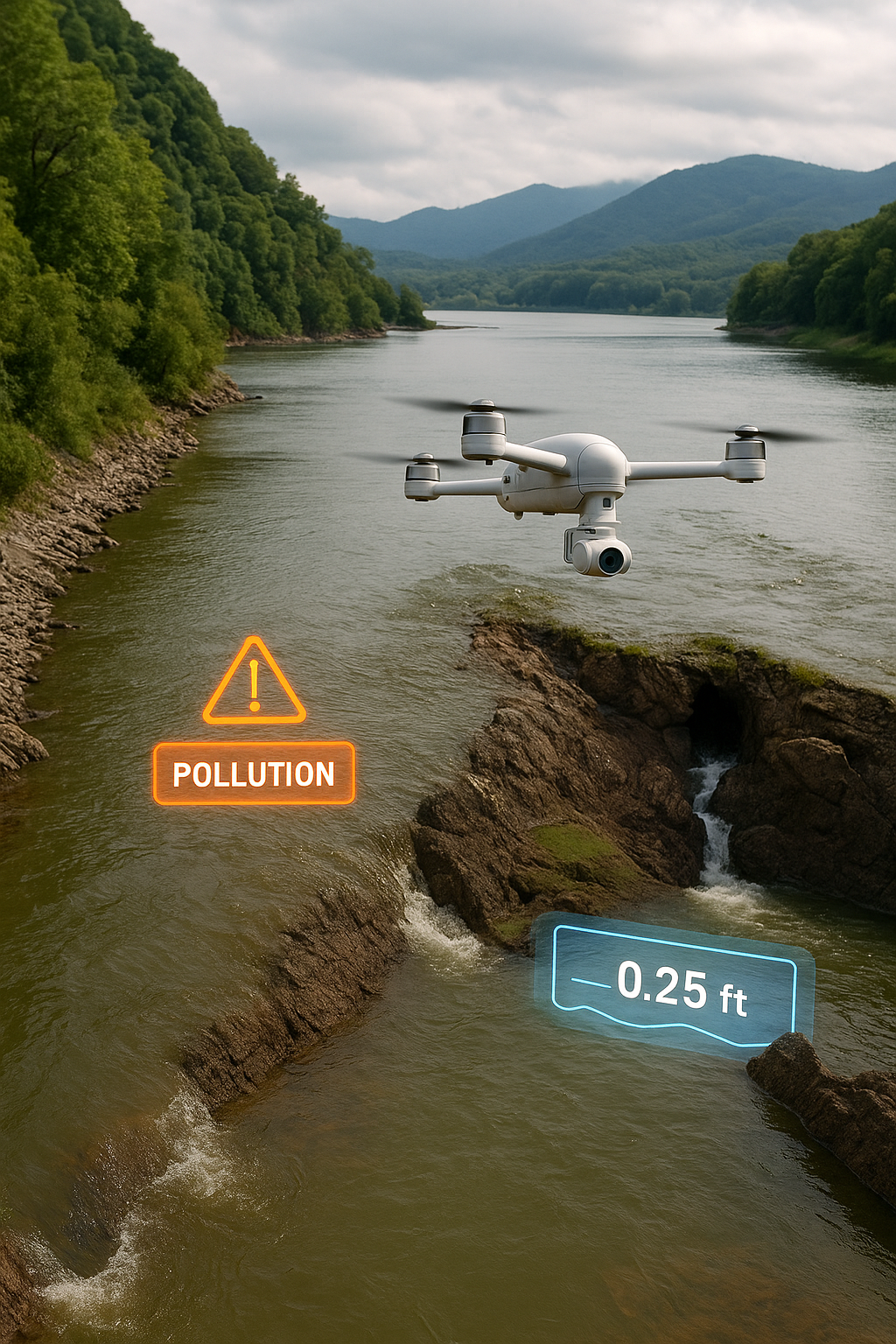 Drone monitoring water pollution and measuring water levels with AI detection